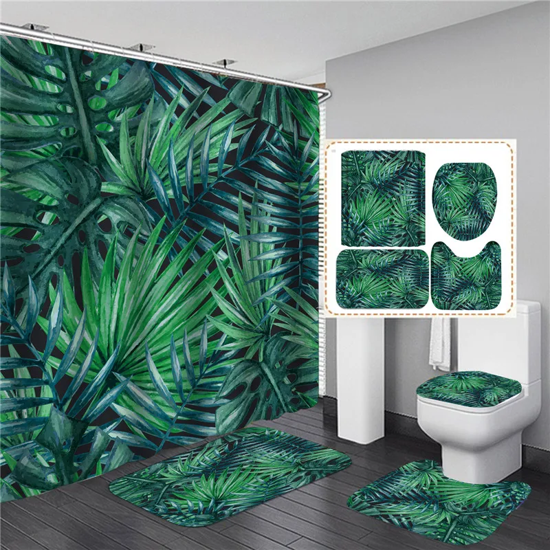 

Plant Style Green Tropical Plants Leaves Printed Shower Curtain Set With Non-Slip Toilet Lid Cover Mat Waterproof Shower Curtain