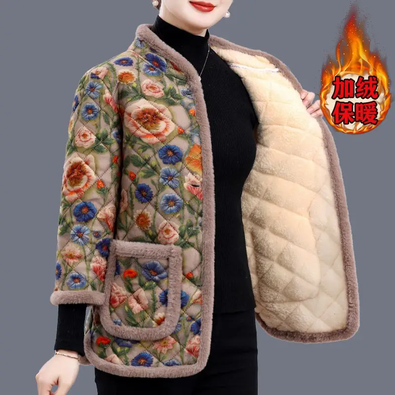 Mother's Fashion Winter Thicken Quarter-Sleeve Cotton Coat Middle-Aged Elderly Women Add Velvet Warm Short Jacket Quilted Parkas