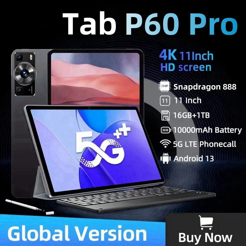 Tableta P60 Pro Original, dispositivo con Android 13, 16GB + 1TB, 11 pulgadas, Snapdragon 2024, 5G, Tarjeta SIM Dual, WIFI, HD,