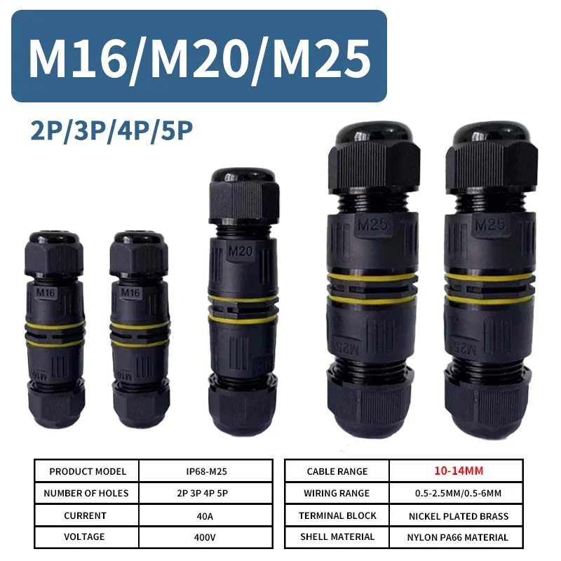 IP68 M16 M20 M25 Male Female Docking Connector Waterproof 2/3/4/5 Pin Terminal Electrical Wire  Cable Connector For Outdoor