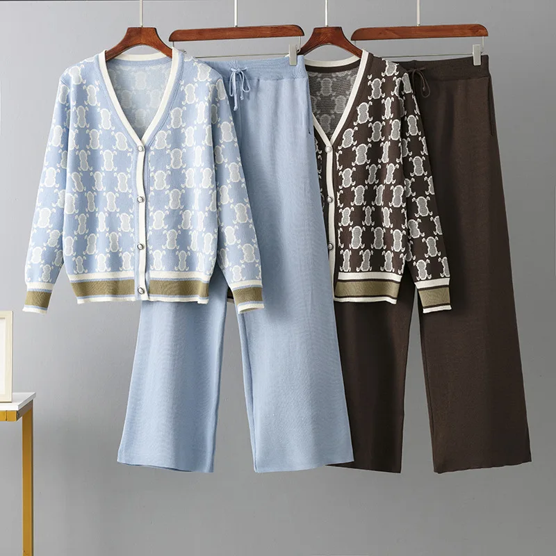 

Осенние костюмы-двойки, женские базовые топы с v-образным вырезом и принтом + эластичные длинные брюки, повседневный вязаный свитер в стиле Харадзюку, теплые комплекты