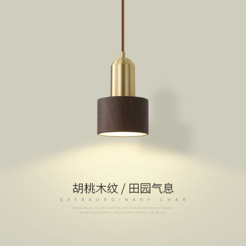 Light Luxury New Creative Retro Full Copper Walnut Solid Wood Long Cord Mini Pendant Light, Ideal for Study & Bedroom Bedside