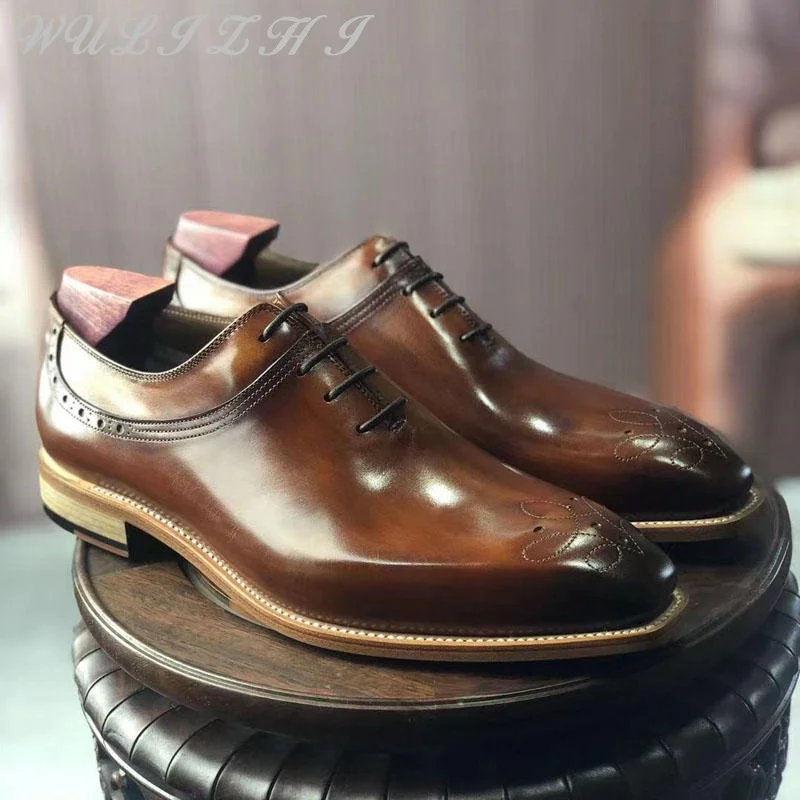 Vintage Cowhide Lace Up Oxford Shoes Embroidered Sewing Men Shoes Leather Soles Square Toe Comfortable Handmade Shoes