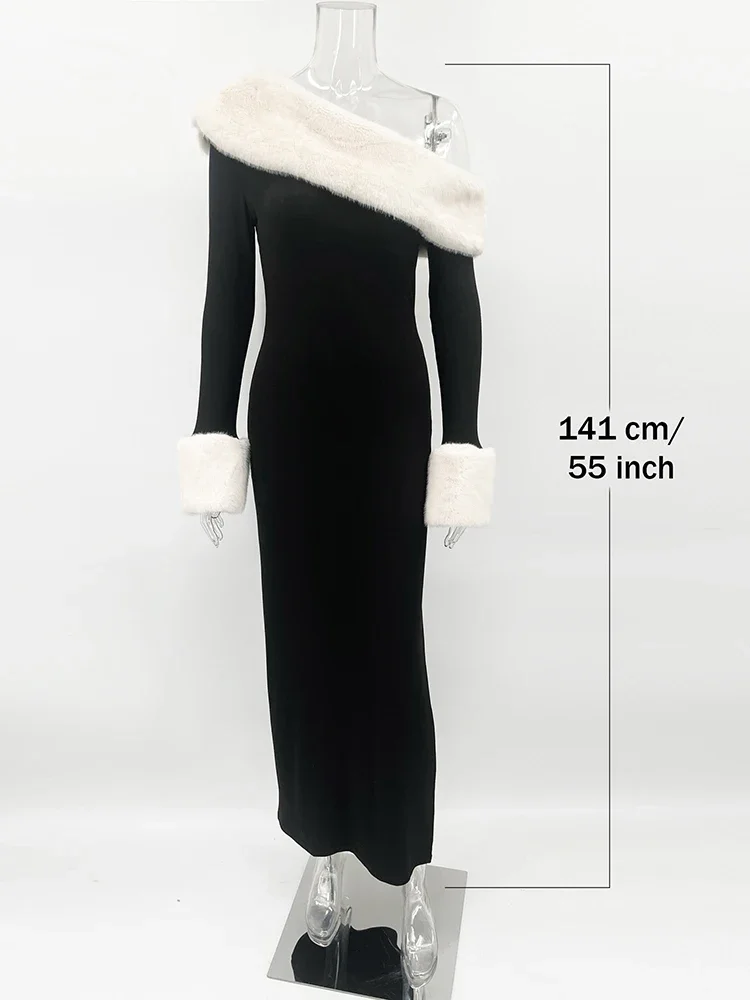 TARUXY Plush Splice Slim Slit Long Sleeve Dress For Women Sexy Hot Girl Skew Collar Maxi Dress Elegant Winter New Party Outfits