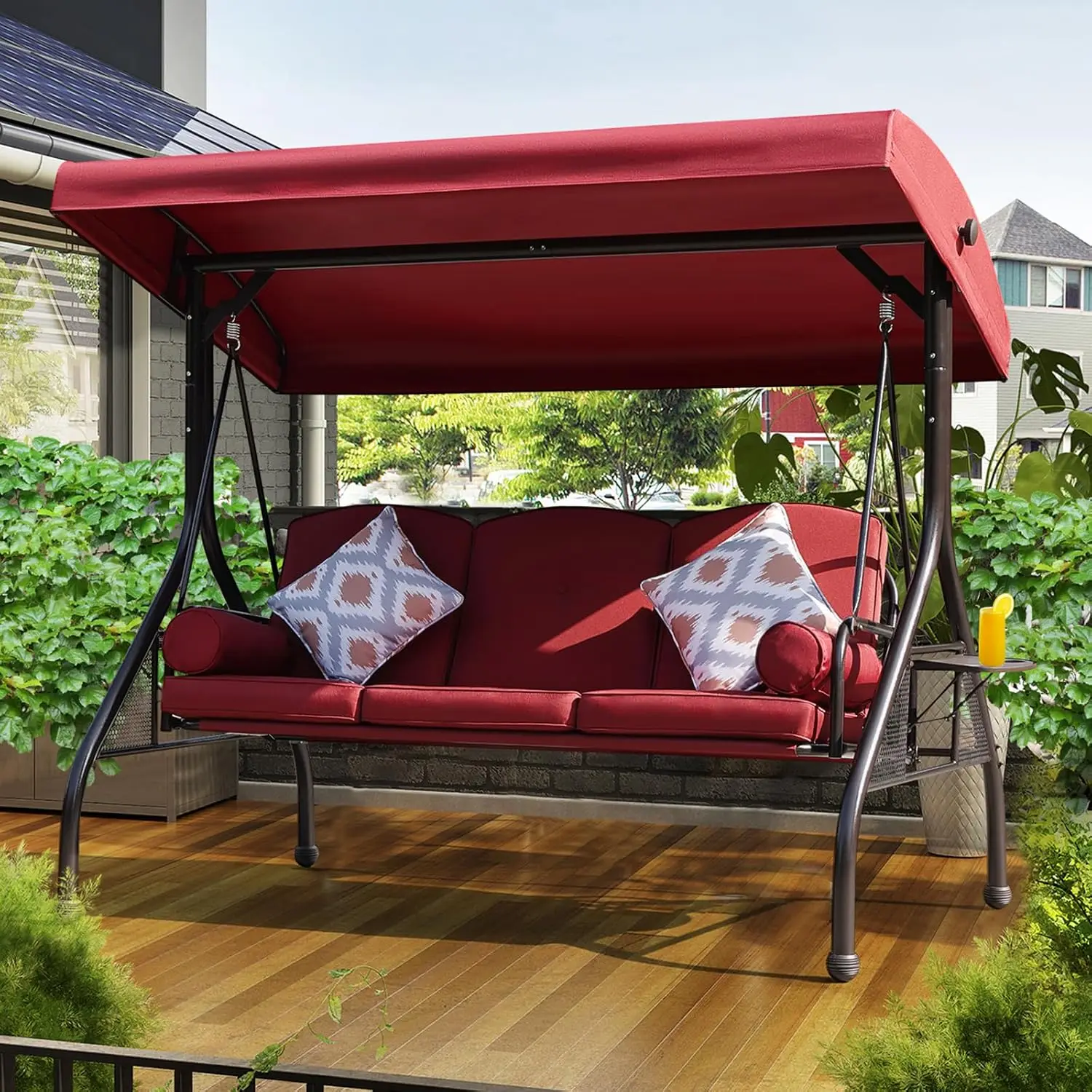 3-Seat Patio Porch Swing with Adjustable Canopy & Side Trays | Convertible Backrest, Pillows Included, Waterproof, Customized