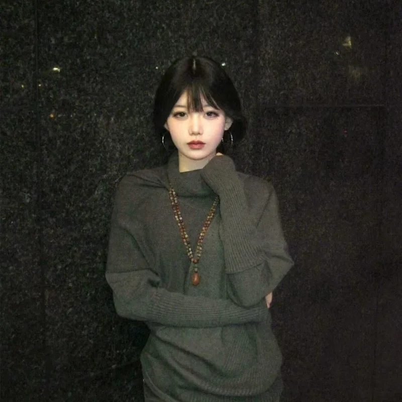 

Корейский дизайн, свободный вязаный свитер с рукавами «летучая мышь», ворсовый воротник, новый топ, осень-зима 2022, новый ленивый однотонный свитер