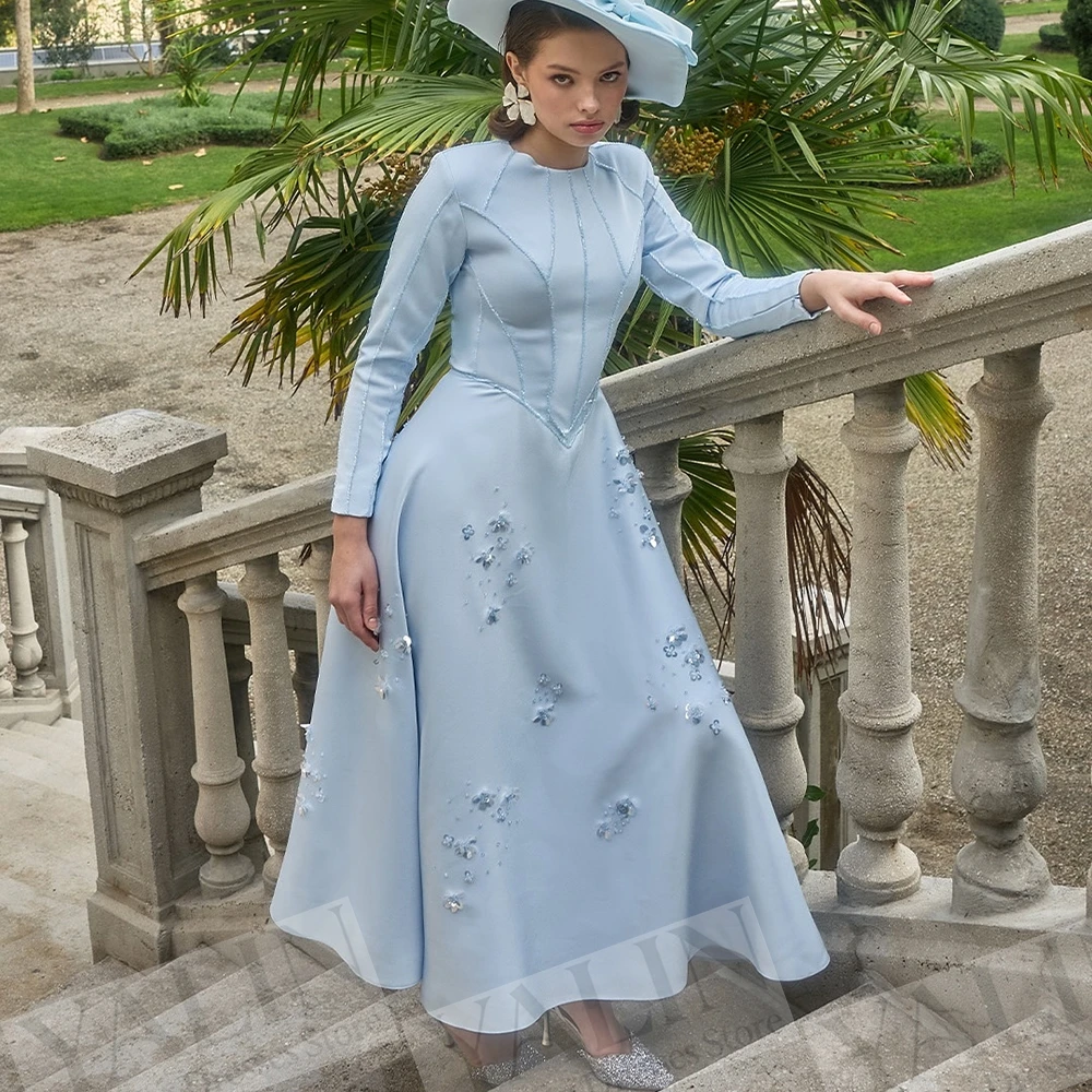 

Women's A-line Evening Dresses Ankle-length O-neck Full Sleeve Prom Dresses Fashion Flowers Sequined Draped Customized Gowns