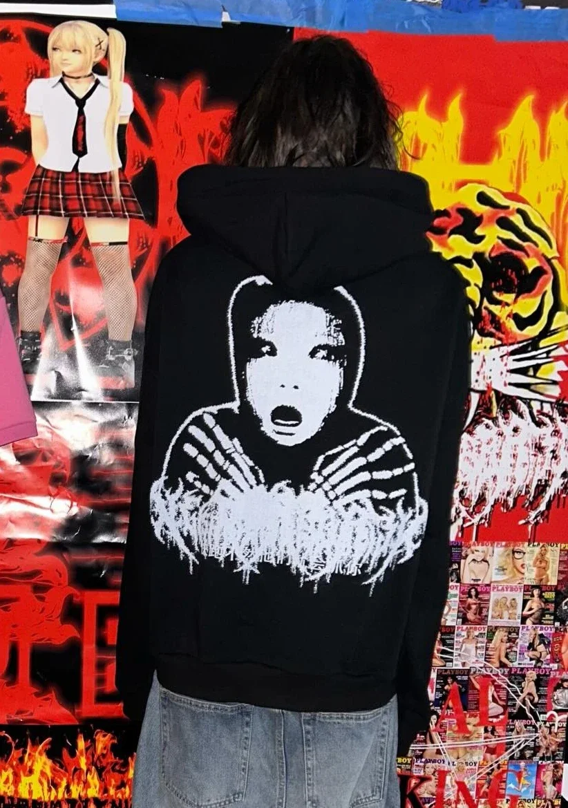 Men Gothic Horror Print Zip Up Hoodie Dark Anime Face Graphic Sweatshirt Y2K Harajuku Streetwear Outerwear Casual Black Tops