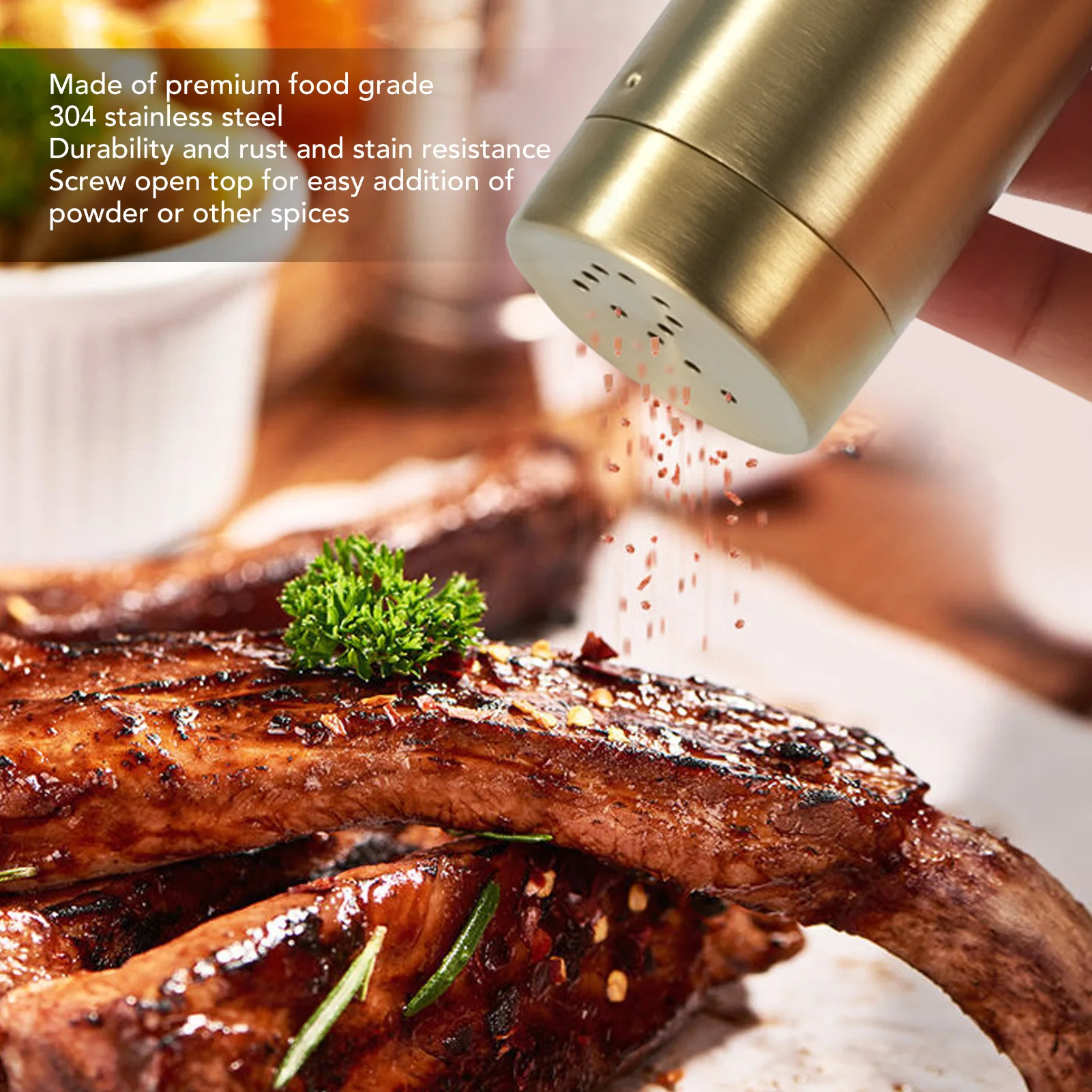 Tarro de especias dorado de acero inoxidable, 2 piezas, a prueba de óxido, tornillo abierto, agitador de condimentos, botella para sal, azúcar, pimienta, pimentón