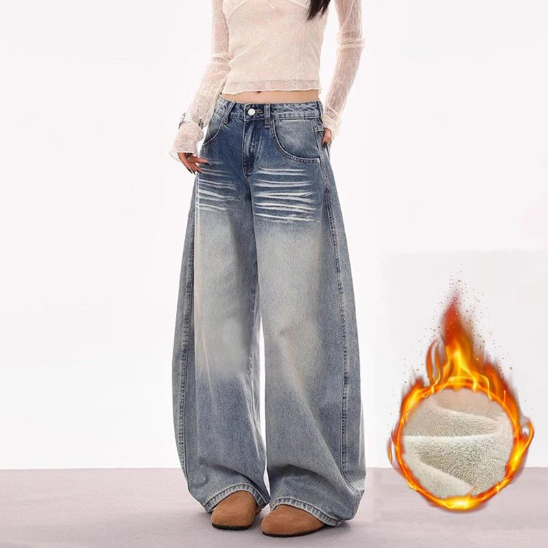 Winter Women Designer High Waist Thermal Jeans Girls Snow Warm Fleece Denim Pants Lady Chic Korean Fashion Plush Trousers