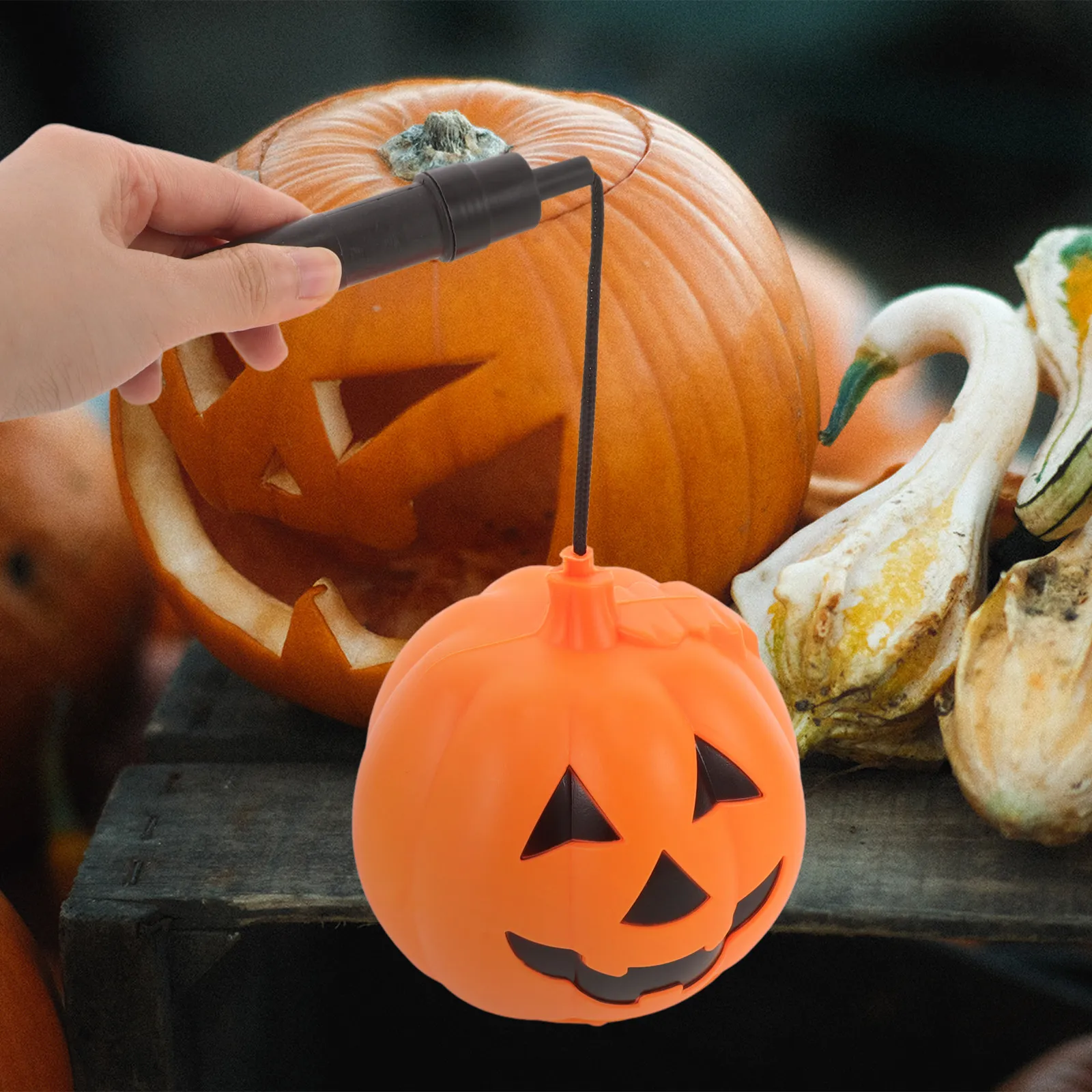 1Pcs Halloween LED Jack-O-Lantern Plastic Lantern Orange 15Cm Rotating Handheld Party Decoration