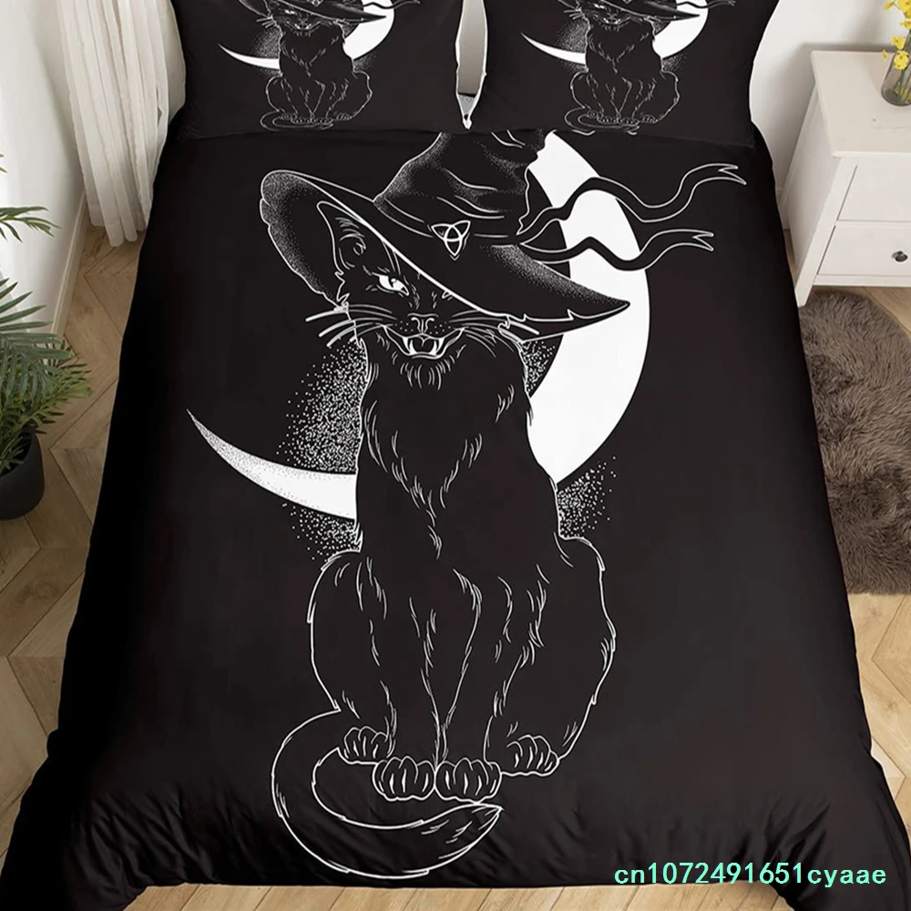 ハロウィンゴシック黒猫キングクイーン布団カバーグリッタームーン寝具セットホラー不気味なキルトカバーポリエステル掛け布団カバー