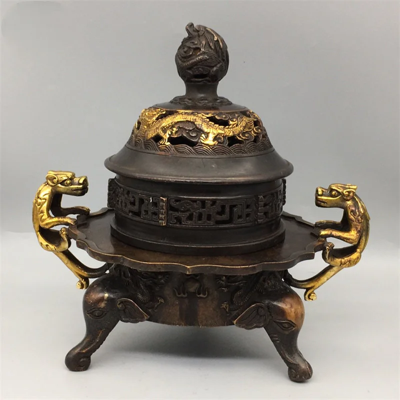 Gilt Brass Dragon Ear Incense Burner Antique Chinese Censer Hollow Dragon Carved Lid Elephant Three Legs Desktop Altar Ornament