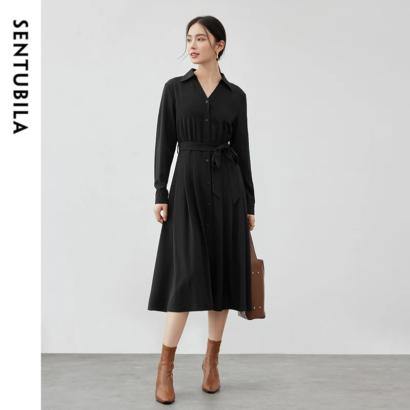 SENTUBILA Office Lady Black Shirt Dress for Women 2024 Autumn Elegant Long Sleeve Tie Belt Button Down Midi Dresses 143L56891