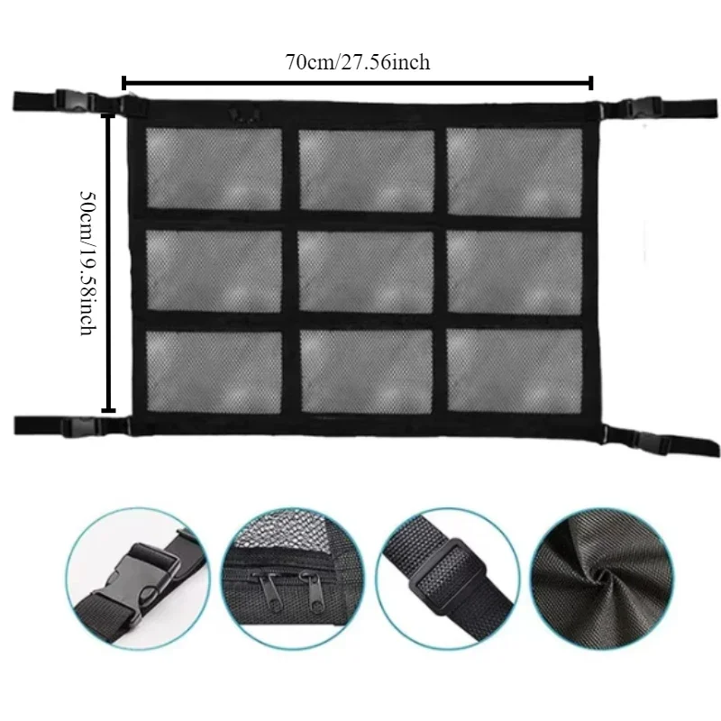 70*50cm 1pc High elasticity easy to install suspended car roof storage box mesh pocket 9-grid double-layer zipper webbing