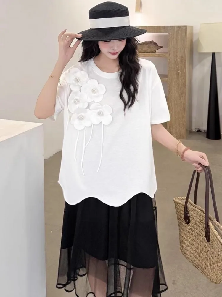 2025 New Summer Young Ladies One Size Appliques Flower T-Shirt Short Sleeve Tops Loose Fit Fashion Pullover Elegant O-Neck Tees