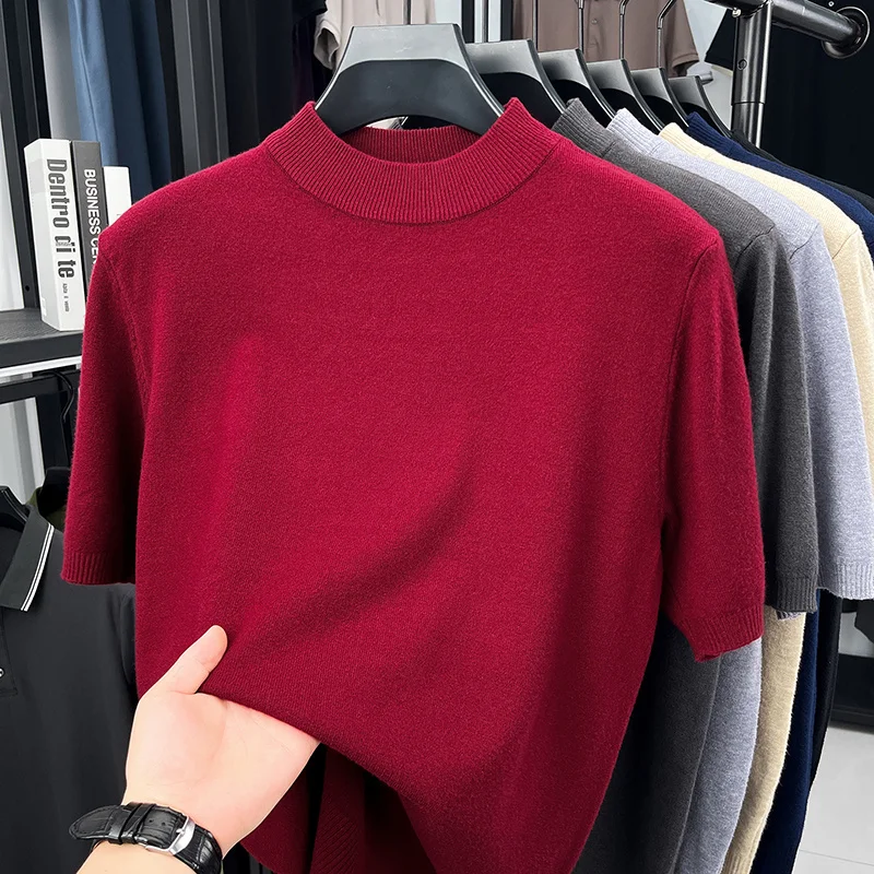 Herren Einfarbige Mock-Neck Kurzarm-Strick-T-Shirts Lässige Basis-Oberteile Weich Dehnbar Knitterfrei Für Alle Jahreszeiten Geeignet – Detail 13