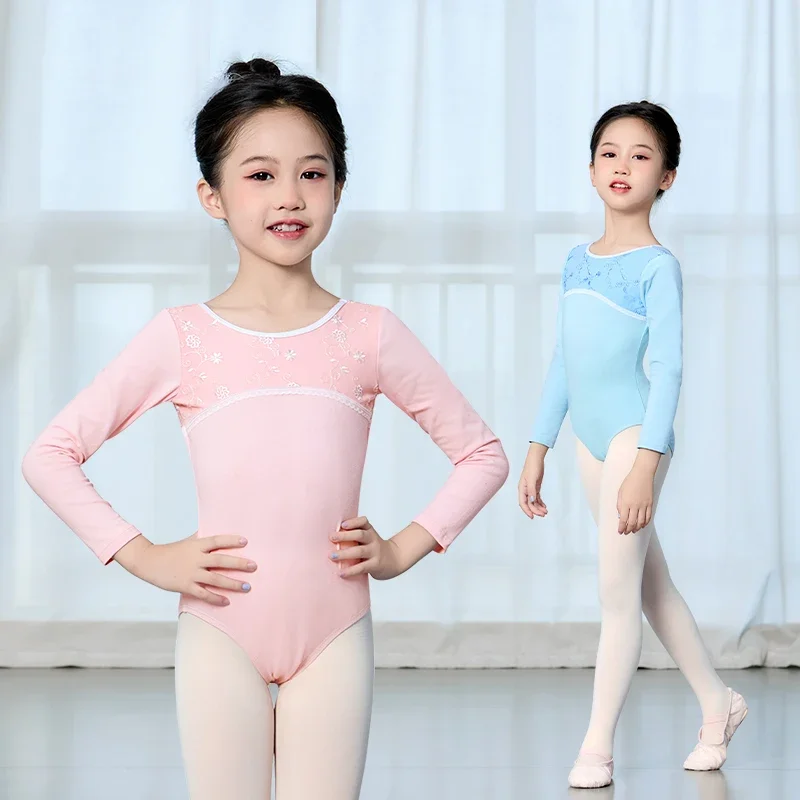 Body da balletto per ragazze Body da ginnastica per bambini Maniche solitarie Costume da ballo con giunture in morbida rete ricamata