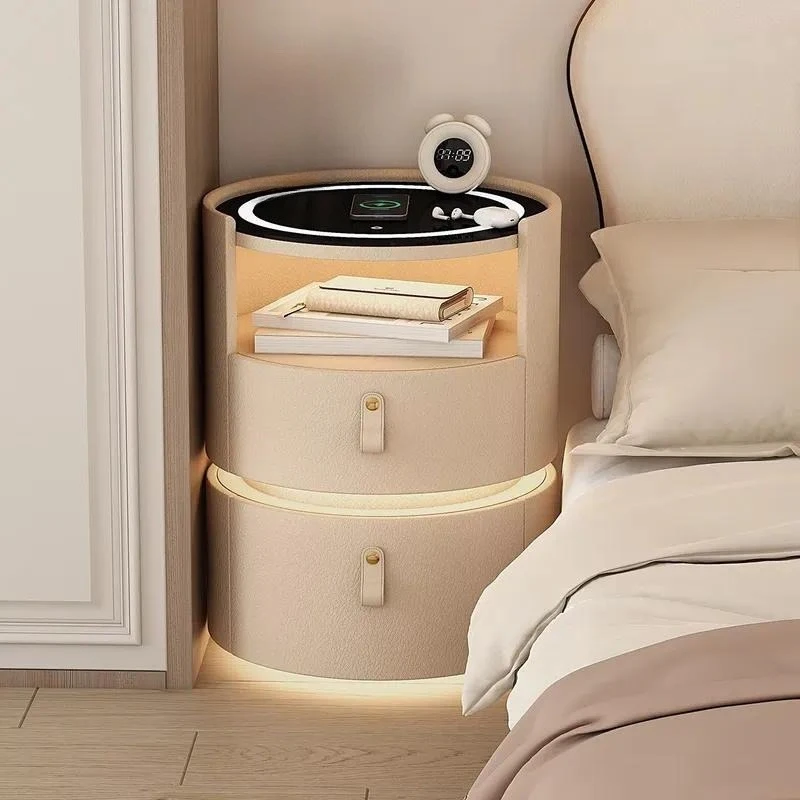 Creative Smart Round Bedside Table Cream White Luxury Modern Floating Nightstand with 2 Drawers for Bedroom and Hotel