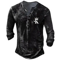 Men's Henley Shirt Pokker K Graphic Long Sleeve Tops T-Shirts Spring Autumn Imitation Cotton Button-Down T Shirt Street Wear Tee