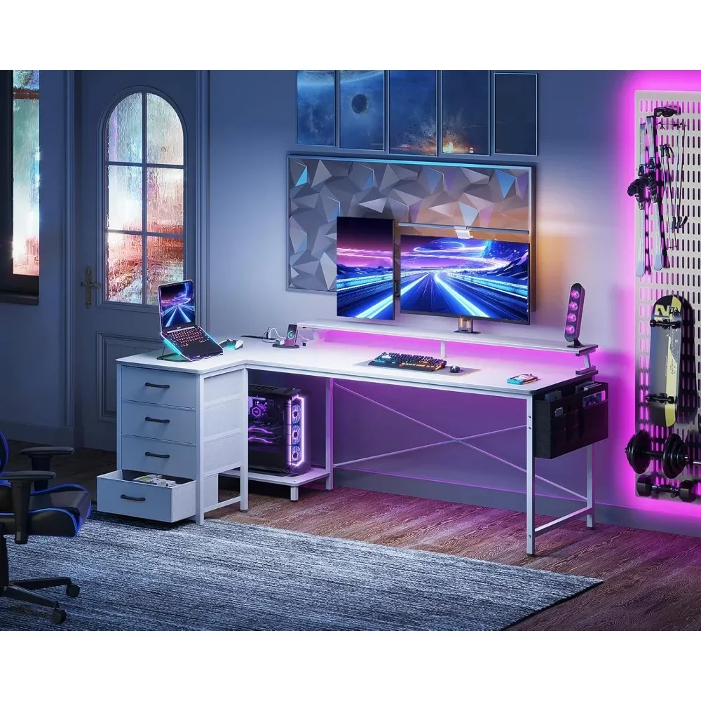 

63" Reversible L Shape Computer Desk with 4 Drawers, Gaming Table with LED Light and USB Power Outlet, White