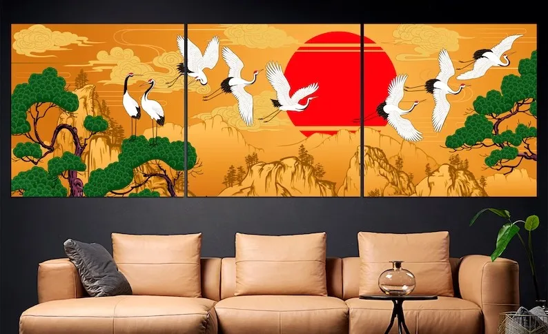 Japanese Canvas Crane Print Yellow Wall Art Wall Decoration Triplet Painting