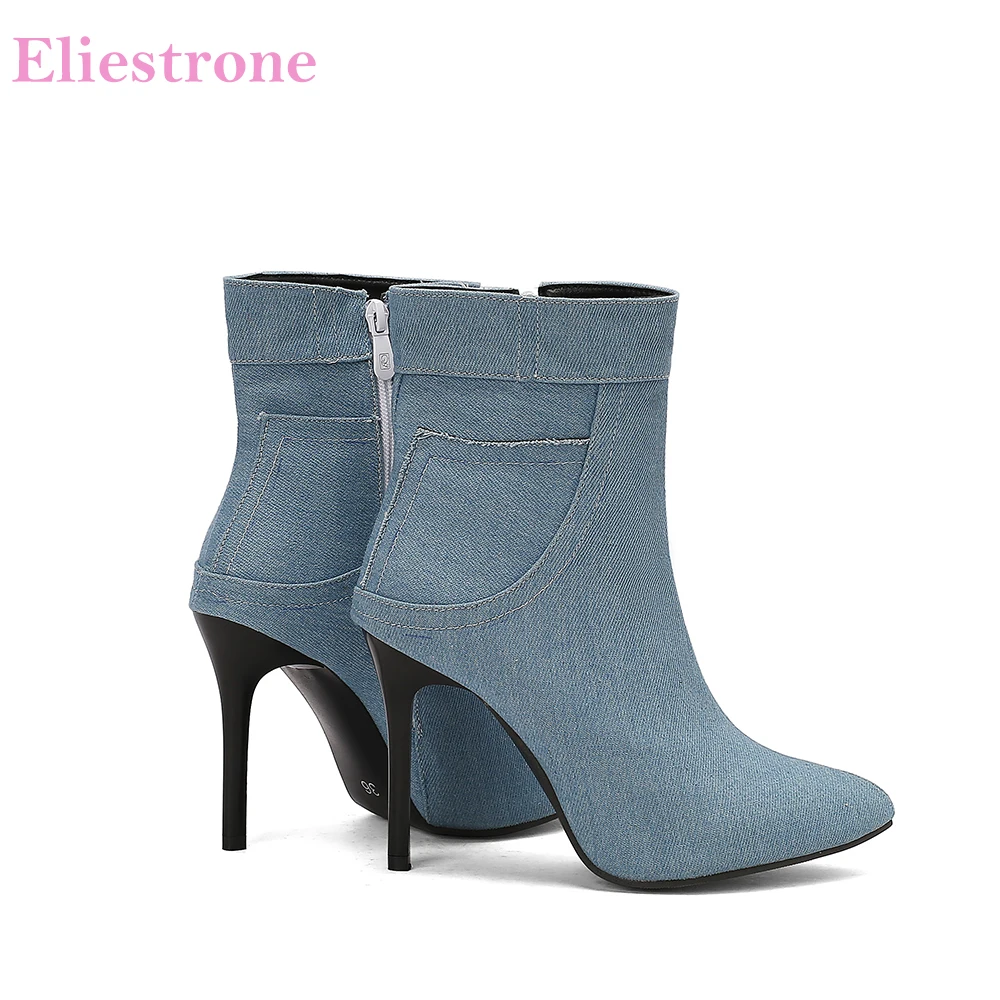 2024 Winter Sweet Blue Black Women Ankle Boots Hot Pointed Toe Hight Thin Heels Lady Dress Shoes Plus Big Size 12 43 45 48