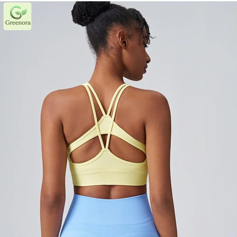 Seamless Ribbed Workout Tank Top - กรีนโรรา เสื้อชั้นในกีฬาไร้ตะเข็บสำหรับผู้หญิง สีเหลืองอ่อน แบบมีฟองน้ำเสริม สำหรับโยคะ ออกกำลังกาย