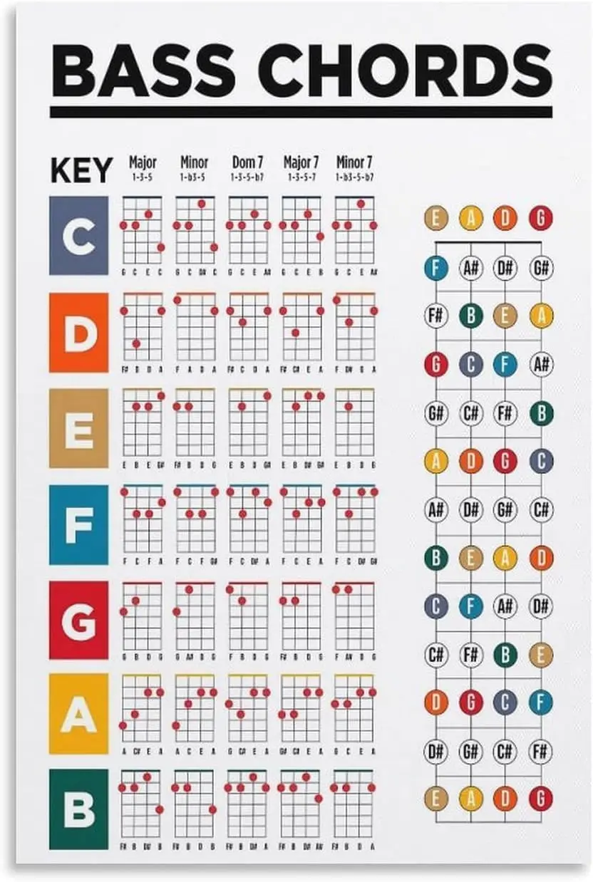 Bass Guitar Chords Poster, Student Music Education Poster, Common Chords Fretboard Notes Poster Decorative Metal Tin Sign Wall A