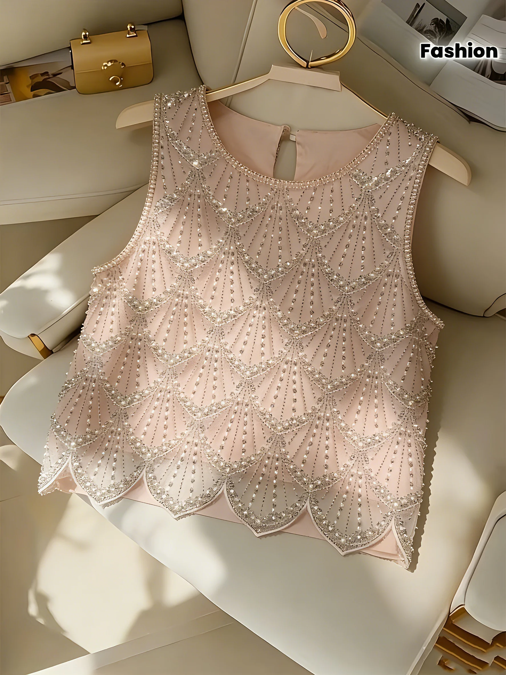 Ladies' Elegant Sparkling Sequin Sleeveless Party Top - Fashionable Handmade Beaded Vest, Transparent Protective Formal