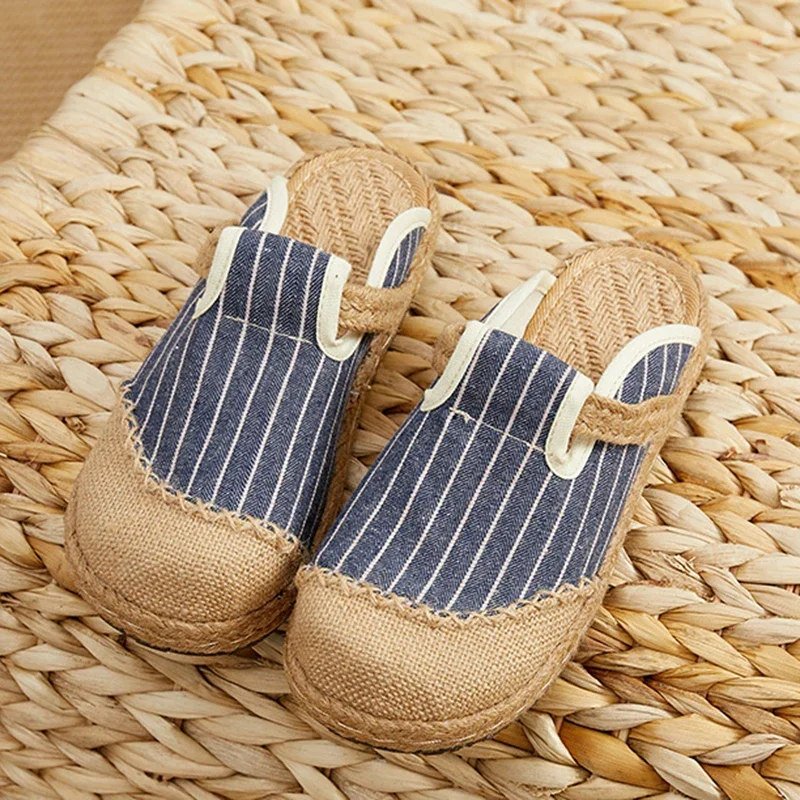 2024 Women Casual Linen Handmade Embroidery Mules Flat Slippers Retro Vegan Summer Ladies Canvas Comfortable Espadrille Shoes