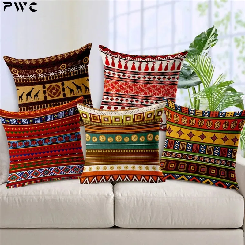 

African National Stripe Bohemian Style Geometric Home Decorative Throw Pillow Covers Linen Ethnic Cushion Cover Case 45cm*45cm