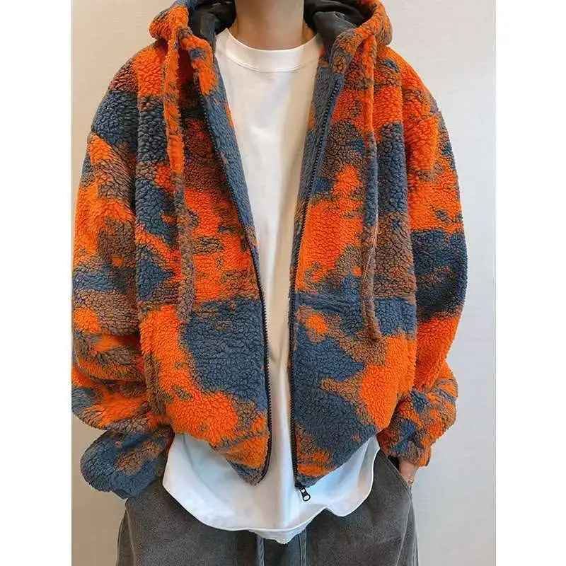 Winter Polar Fleece Casual Jacket Men Retro Tie-dye Warm Thick Coats Lambswool Cold-proof Hooded Zipper Outdoor Street Jacket