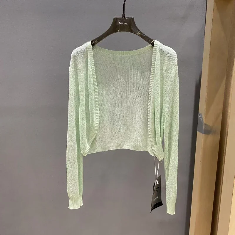 Korean Fashion Sun-Proof Cardigans Women Crop Tops Sweater Thin Short Summer 2025 Solid Knitted Long Sleeve Cardigan