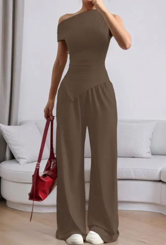 Women's Summer Casual Set: Slant Neck Vest & Wide Leg Pants