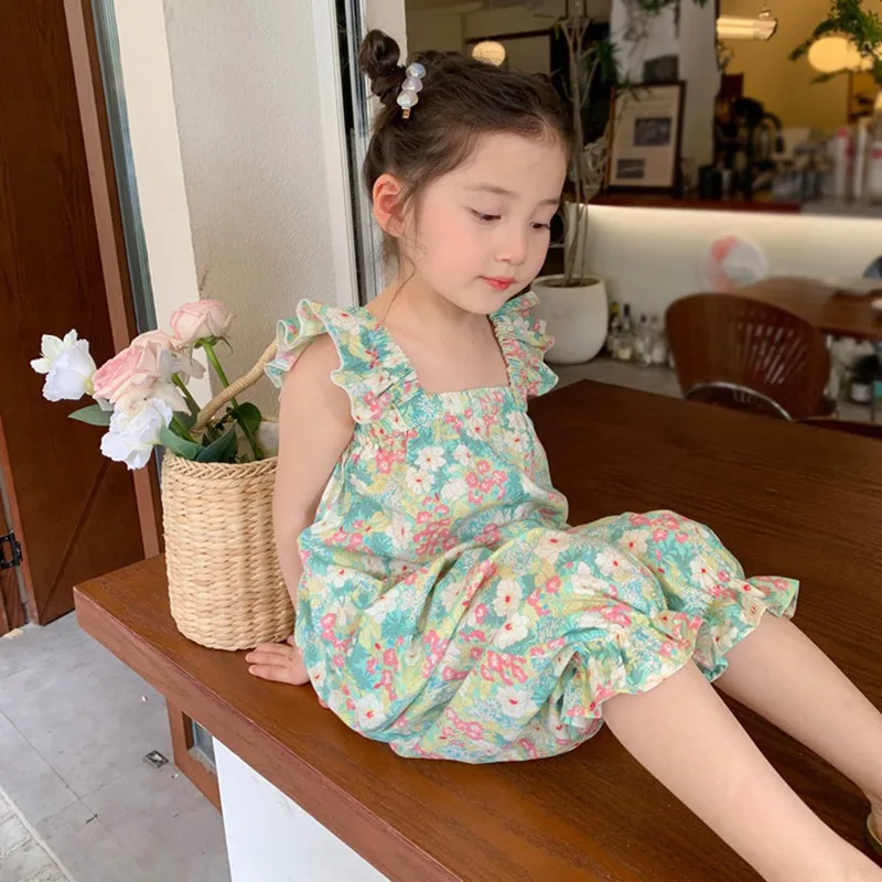 Summer Floral Printing Kids Girls Jumpsuit Sleeveless And Puff Sleeve Cotton Playsuit Children Bodysuit Casual Outfits 3-8Y