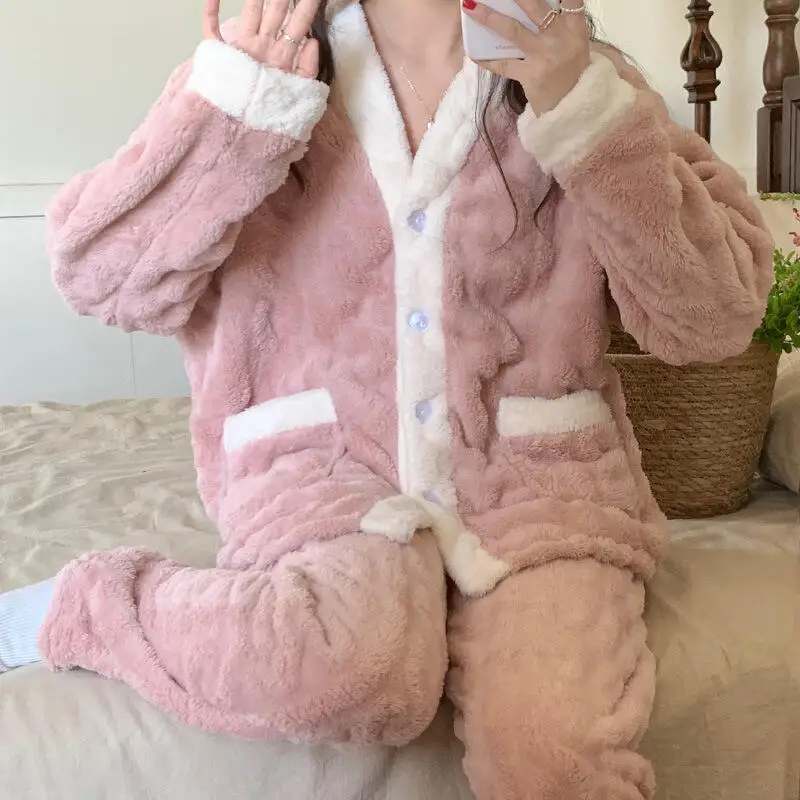 

Winter Women's Pajama Set Coral Fleece Nightwear Sweet Cute Wearable As Outerwear Student Sleepwear Thicken Keep Warm Homewear