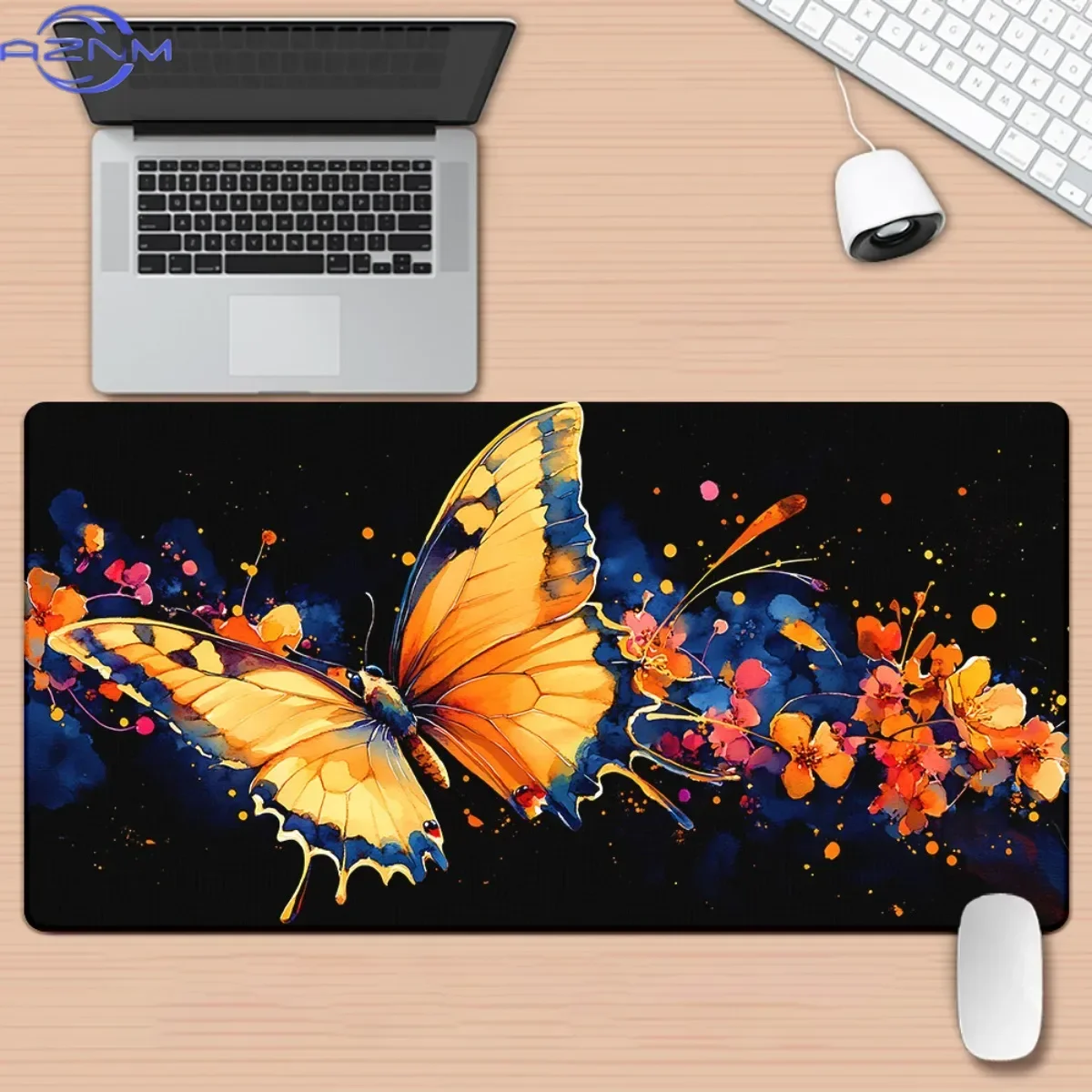Golden Yellow Butterfly Watercolor Art Mouse Pad, Black Base Splash Ink Flower Design Waterproof Stitched Edge Aesthetic Desk De