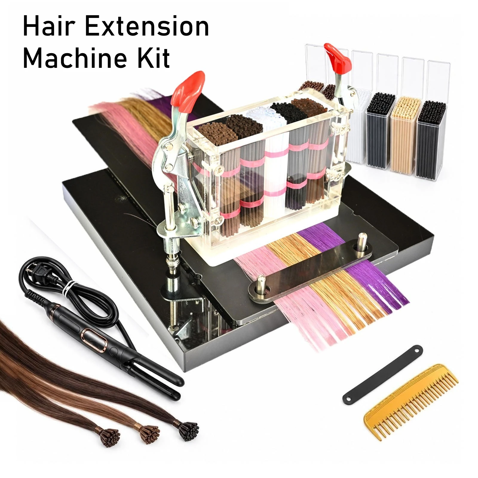 Hair Extension Machine Kit K Tip Keratin Bonding Tool 6 Boxes Keratin Sticks in 5 Colors Plus Clamps Ruler Comb Support
