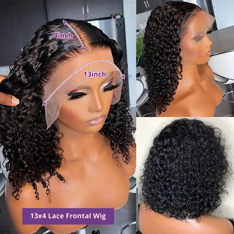 Bob perucas afro encaracolado indetectável laço curto peruca profunda encaracolado perucas de cabelo humano 180% densidade 13x4 peruca frontal do laço remy cabelo virgem