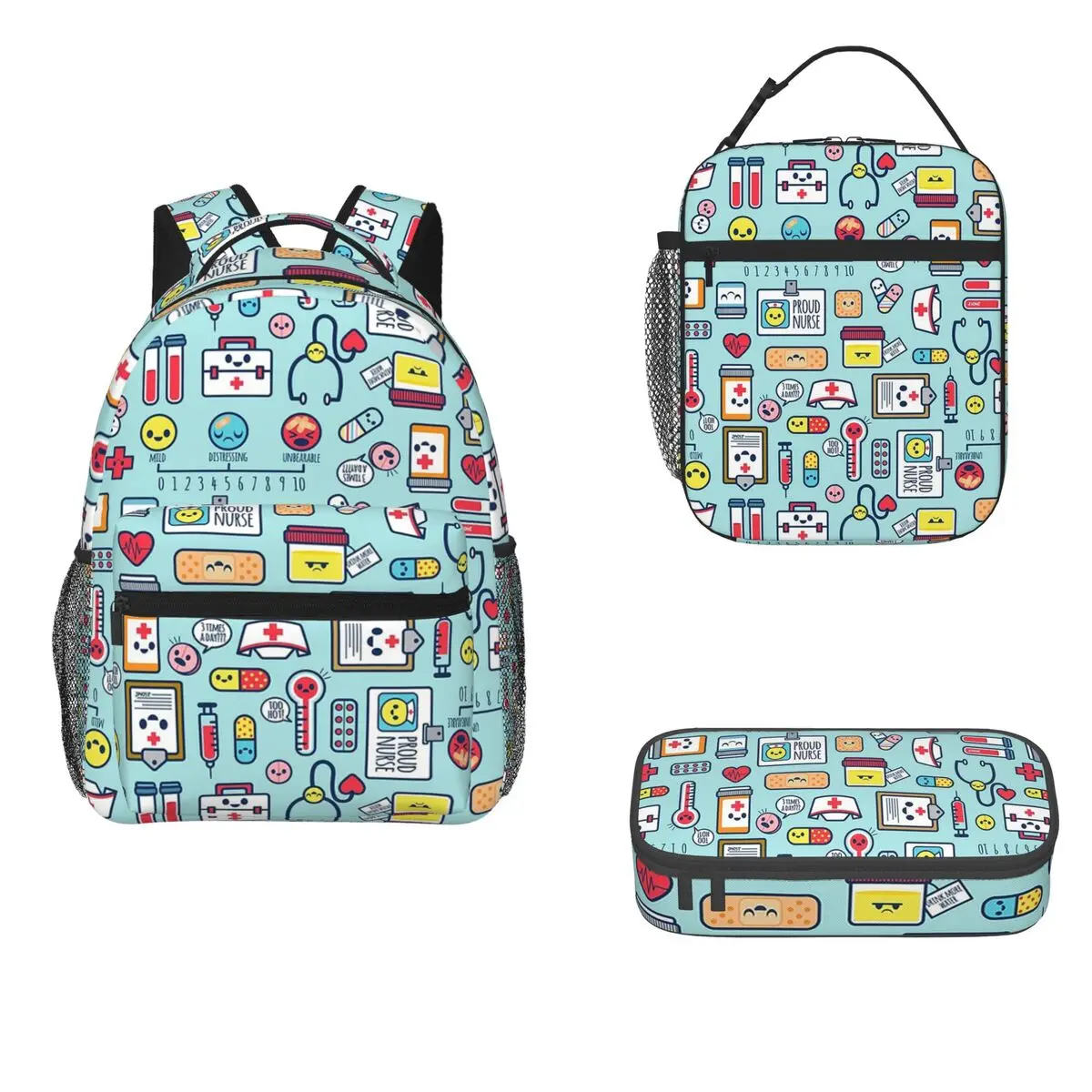 

Proud To Be A Nurse Surface Pattern Design Blue Backpacks Bookbag Children School Bag Rucksack Lunch Bag Pen Bag Three-Piece Set