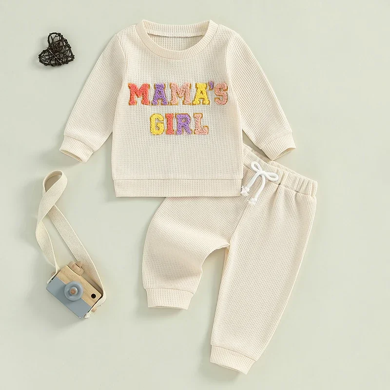 Baby Autumn Winter Clothing Girl Waffle Clothes Long Sleeve Letters Embroidery Sweatshirt Elastic Pants Sets Outfit