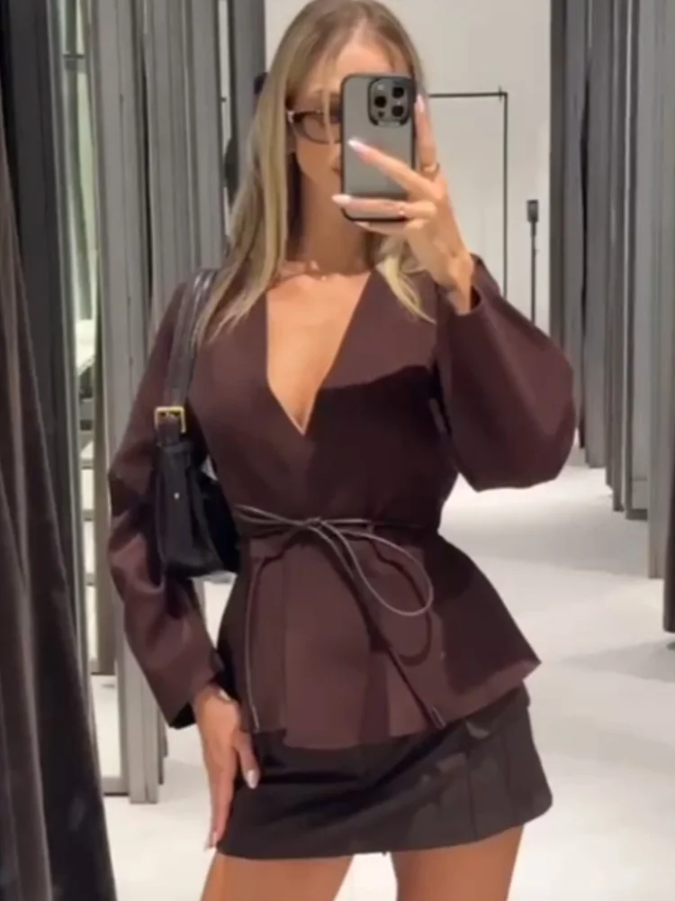 HH otoño mujer moda cinturón decoración chaqueta Tops mujer Casual manga larga cuello pico sólido alto calle tejido Cardigan moda