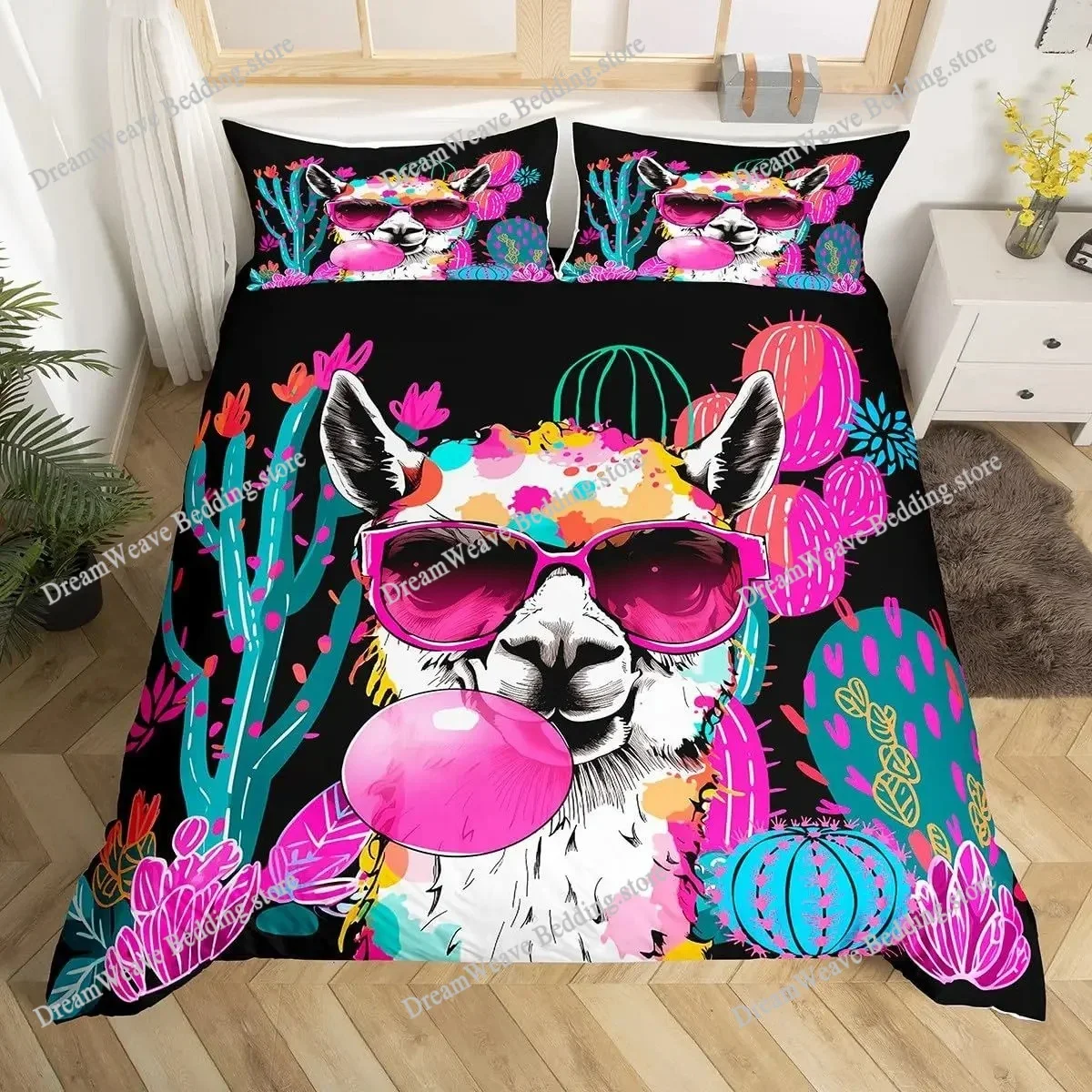 Cute Cartoon Alpaca Duvet Cover Set Llama Cactus Print Bedding Set Botanical Animal Comforter Covers Decorative for Kids Teens
