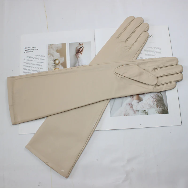 

New women's long sheepskin gloves Classic solid color at elbow Versatile windproof warm fleece driving leather gloves