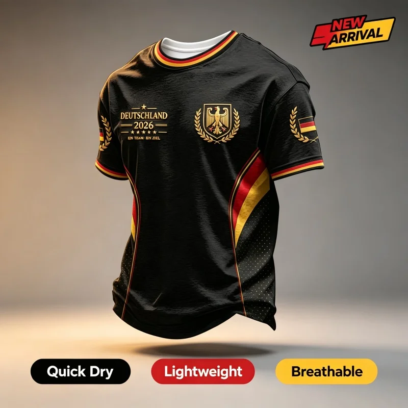 Men 2026 Soccer Jersey Black Red Color Block Short Sleeve T-Shirt German Print Football Fan Supporter Casual Sports Tee Top