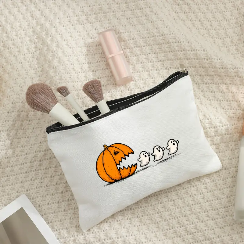 Funny Halloween Pumpkin Eating Ghosts Canvas Cosmetic Bag Cute Jack O Lantern Print Zipper Pouch Portable Makeup Storage Bag