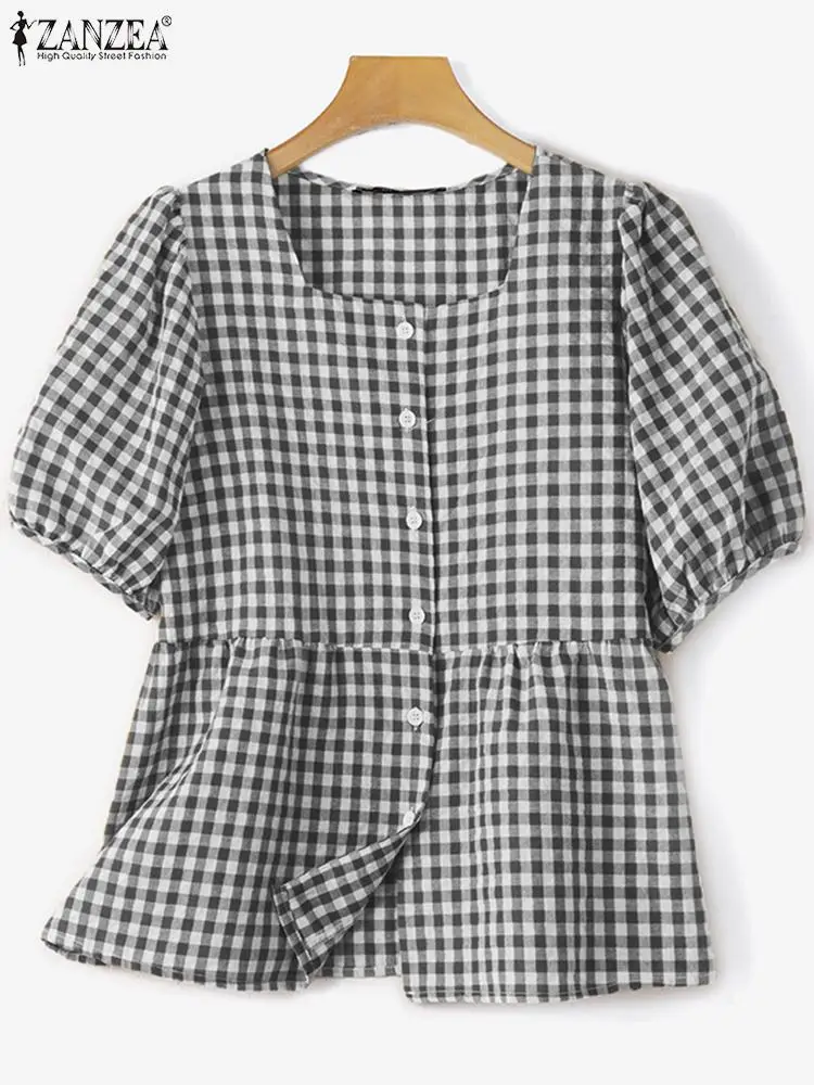 ZANZEA Elegant Puff Sleeve Gingham Blouses Women Summer 2024 Casual Square Collar Ruffled Hem Checked Shirts Korean Tunic Tops