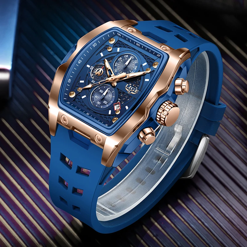 

LIGE New Luxury Men Watch Square Blue Silicone Luminous Watches For Men Fashion Military Sports Waterproof Quartz Chronograph