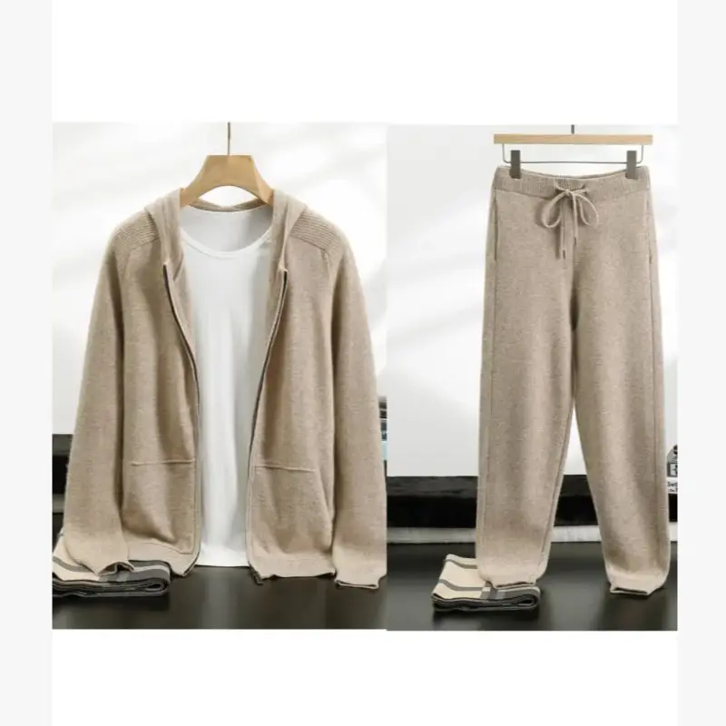 

High Quality Chic Men's Suit Autumn Winter Thick Zipper Hooded Cardigan Pants Set 100% Cashmere Sweater Smart Casual Knitwear